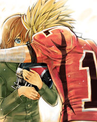  1boy american_football_helmet american_football_uniform anezaki_mamori blonde_hair blue_eyes brown_hair commentary_request eyeshield_21 female helmet hiruma_youichi hug photoshop_(medium) short_hair sportswear tears ueda-pix 