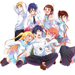  2boys 5girls ^^^ arms_behind_back arms_up attsun_(atsushi_jb) beamed_eighth_notes black_legwear blonde_hair blue_eyes blue_hair blush bonyari_high_school_uniform bow breasts brown_eyes brown_hair clenched_hand commentary_request d: elbowing glasses hairbow heart highres ichijou_raku indian_style iron_claw kirisaki_chitoge long_sleeves maiko_shuu medium_breasts miyamoto_ruri multiple_boys multiple_girls musical_note necktie nisekoi onodera_kosaki open_mouth pants photoshop_(medium) ponytail school_uniform short_hair sitting skirt small_breasts tachibana_marika thighhighs tsugumi_seishirou whistling yellow_eyes 