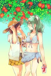  2girls :d ^_^ adjusting_clothes adjusting_headwear aqua_hair bang_dream! beach bikini bikini_skirt blush bow breasts brown_hair cleavage closed_eyes collarbone commentary_request cup day flower front-tie_bikini_top front-tie_top grey_bikini hair_ribbon hat hat_bow hazawa_tsugumi highres hikawa_sayo holding holding_cup jacket long_hair looking_at_another medium_breasts midriff multiple_girls navel open_mouth outdoors plaid plaid_bikini ponytail red_flower ribbon sarong short_hair short_sleeves sidelocks smile sorato_(astllatte) straw_hat sweat swimsuit trumpet_creeper white_bow white_ribbon yellow_bikini 