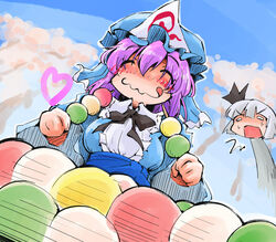  2girls blue_dress blue_sky cherry_blossoms commentary_request dango day dress eating food grey_hair hair_ribbon hat heart highres konpaku_youmu licking_lips multiple_girls open_mouth pink_hair ribbon saigyouji_yuyuko sash shinapuu sky tongue tongue_out touhou tree triangular_headpiece veil wagashi 