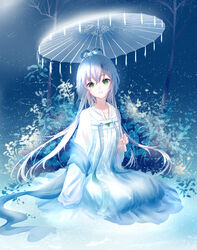  :d chinese_clothes collarbone commentary_request dress female floating_hair full_body green_eyes grey_hair hair_between_eyes hair_ornament hanfu highres holding holding_umbrella jewelry long_dress long_hair looking_at_viewer luo_tianyi necklace night oil-paper_umbrella open_mouth outdoors qixiong_ruqun ruqun shawl sitting smile snowing solo transparent transparent_umbrella umbrella very_long_hair vocaloid vsinger white_dress yaduo 