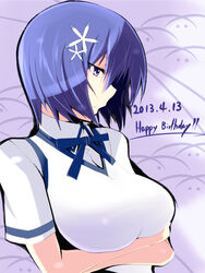  bad_id bad_pixiv_id blue_hair breasts crossed_arms dated female flower hair_between_eyes hair_flower hair_ornament hairclip happy_birthday kawakami_academy_school_uniform kichihachi large_breasts looking_down maji_de_watashi_ni_koi_shinasai! neck_ribbon photoshop_(medium) ribbon school_uniform shiina_miyako short_hair short_sleeves solo upper_body vest 