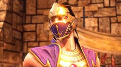  1boy armor black_hair brooch brown_eyes bust cape gem gold gold_armor highres jpeg_artifacts looking_over male_focus mask mortal_kombat mortal_kombat_x muscle ninja ninja_mask ponytail prince rain_(mortal_kombat) screenshot shiny solo sunset thick_eyebrows 