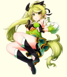  anemos anemos_(elsword) bad_id bad_pixiv_id bare_shoulders breasts cleavage commentary detached_sleeves dress elf elsword female fingerless_gloves gloves green_eyes green_hair large_breasts long_hair pointy_ears ponytail rena_erindel solo underboob very_long_hair 