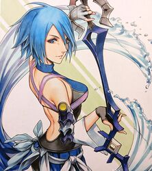  aqua_(kingdom_hearts) ass back backless_outfit bare_shoulders black_gloves black_shorts blue_eyes blue_hair breasts commentary_request detached_sleeves female fingerless_gloves gloves grey_gloves hair_between_eyes highres hikonyaaa holding holding_weapon keyblade kingdom_hearts kingdom_hearts_birth_by_sleep light_particles long_sleeves looking_at_viewer marker_(medium) medium_breasts rainfell short_hair shorts shoulder_blades smile solo traditional_media turtleneck weapon wide_sleeves 