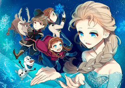  2boys 2girls animification anna_(frozen) bad_id bad_pixiv_id bare_shoulders blonde_hair braid cape capelet chibi dress elsa_(frozen) frozen_(disney) fur_trim gloves hans_(frozen) inseki_tarou kristoff_(frozen) long_hair mini_person miniboy minigirl multiple_boys multiple_girls olaf_(frozen) red_hair reindeer short_hair single_braid smile snowflakes sven_(frozen) twin_braids 