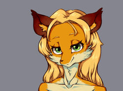  2018 anthro aya black_nose blonde_hair canid canine female fox fur green_eyes hair hippothrombe long_hair looking_at_viewer mammal multicolored_body multicolored_fur orange_body orange_fur smile solo two_tone_body two_tone_fur white_body white_fur 