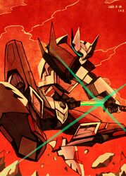  1boy commentary_request dated drift_(transformers) fighting_stance foreshortening glowing glowing_eye highres jumping mecha no_humans robot science_fiction shiyori44 solo sword the_transformers_(idw) transformers weapon 