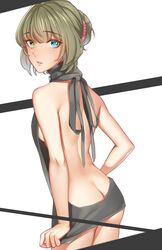  back backless_dress backless_outfit bare_arms bare_shoulders blue_eyes breasts butt_crack commentary_request cowboy_shot dress dress_tug female from_behind green_eyes grey_dress hair_bun heterochromia highres hikonyaaa idolmaster idolmaster_cinderella_girls legs_together light_brown_hair looking_at_viewer looking_back medium_breasts meme_attire microdress mole mole_under_eye no_bra parted_lips short_hair sideboob single_hair_bun solo takagaki_kaede virgin_killer_sweater 