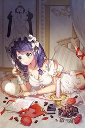  bad_id bad_pixiv_id blue_eyes braid breasts candle chocolate cleavage envelope female flower food frills gio_(maroon0924) heart large_breasts letter lying maid maid_headdress nightgown on_stomach quill ribbon seron_(sword_girls) solo sweets sword_girls twin_braids 