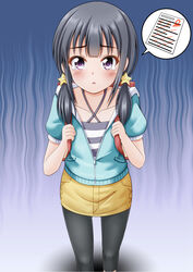  :o academic_test aho_girl akutsu_ruri backpack bag black_hair black_pantyhose blush brown_skirt collarbone commentary_request criss-cross_halter female hair_ornament hair_over_shoulder halterneck highres holding holding_strap hood hood_down hooded_jacket jacket long_hair looking_at_viewer open_clothes open_jacket pantyhose parted_lips partially_unzipped pocket purple_eyes randoseru regular_mow shirt short_sleeves skirt solo spoken_object standing star_(symbol) star_hair_ornament striped_clothes striped_shirt tears test_score twintails zipper 