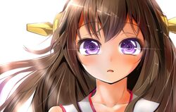  antennae backlighting bad_id bad_pixiv_id brown_hair collarbone female hair_ornament kantai_collection kongou_(kancolle) long_hair long_sleeves looking_at_viewer medium_hair open_mouth portrait purple_eyes solo velia 