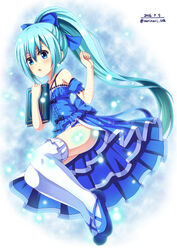  :o blue_background blue_bow blue_eyes blue_footwear blue_hair blue_skirt blue_theme book bow commentary_request dated female flower_knight_girl frills full_body hairbow high_ponytail light_particles long_hair looking_at_viewer nerine_(flower_knight_girl) norinori_12th ponytail shoes signature skirt solo thighhighs twitter_username white_thighhighs zettai_ryouiki 