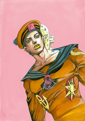  1boy absurdres anchor_symbol araki_hirohiko birthmark blue_eyes compass dixie_cup_hat dress eyelashes fabulous hat higashikata_josuke_(jojolion) highres joestar_birthmark jojo_no_kimyou_na_bouken jojolion lipstick makeup male_focus military_hat official_art orange_hat orange_shirt pink_background sailor sailor_dress sailor_hat shirt simple_background soft_&amp;_wet solo stand_(jojo) standing tooth_gap yellow_lips 