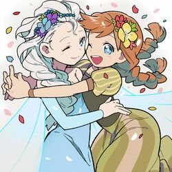  2girls animification anna_(frozen) bad_id bad_pixiv_id bare_shoulders blonde_hair blue_eyes braid commentary_request dress elsa_(frozen) frozen_(disney) hidakarumen hug long_hair makeup multiple_girls one_eye_closed siblings single_braid sisters smile twin_braids 