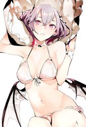  bare_arms bare_shoulders bat_wings bikini breasts cleavage commentary_request female front-tie_top gradient_hair hair_between_eyes halterneck highres looking_at_viewer medium_breasts multicolored_hair navel oerba_yun_fang original pink_hair purple_eyes purple_hair shunsei_(muratou) simple_background solo stomach string_bikini swimsuit vampire white_background white_bikini wings 