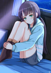  bed black_hair casual commentary_request female green_eyes highres hood hoodie hugging_own_legs indoors itachi_kanade long_hair long_legs low_twintails nagi_no_asukara shiodome_miuna socks solo tears twintails window 