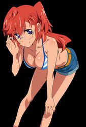  absurdres adjusting_glasses ano_natsu_de_matteru arm_support arms bangs bare_legs bare_shoulders belt bent_over bikini bikini_top black_background blue_eyes body_blush breasts cleavage collarbone ear female female glasses hair_between_eyes halter_top halterneck hand_on_knee hands highres hiyamizu_yukie leaning_forward legs long_hair long_image looking_at_viewer no_shirt outstretched_arm pose red_hair shade shadow shiny shiny_hair shiny_skin short_shorts shorts side_ponytail simple_background smile solo standing striped striped_bikini striped_swimsuit swimsuit takatsuki_ichika tall_image vector_trace 