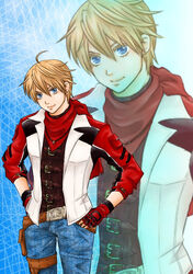  1other ahoge androgynous belt belt_pouch blonde_hair blue_eyes commentary_request denim fingerless_gloves gloves jacket jeans jewelry leo_kliesen necklace pants photoshop_(medium) popon_ta pouch short_hair smile solo tekken zoom_layer 