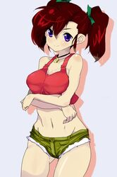  arms_under_breasts bakusou_kyoudai_let&#039;s_&amp;_go!! bakusou_kyoudai_let&#039;s_&amp;_go!!_max blue_eyes cowboy_shot drop_shadow female jewelry midriff navel necklace oogami_marina photoshop_(medium) red_hair short_shorts shorts simple_background smile solo tank_top twintails 