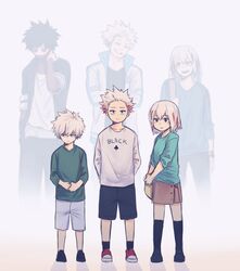  2boys age_progression aged_down arms_behind_back averting_eyes bad_id bad_twitter_id bag black_eyes black_footwear black_hair black_pants black_shorts black_socks blue_eyes boku_no_hero_academia brother_and_sister brothers burn_scar closed_eyes collarbone commentary crossed_arms dabi_(boku_no_hero_academia) double_bun english_commentary expressionless female full_body green_shirt grey_shorts grin hair_bun hand_on_own_neck highres jacket keiid long_sleeves looking_at_another looking_at_viewer multicolored_hair multiple_boys over-kneehighs own_hands_together pants red_footwear red_hair scar shirt short_hair shorts shoulder_bag siblings simple_background skirt sleeves_pushed_up smile socks spiked_hair spoilers standing streaked_hair thighhighs todoroki_fuyumi todoroki_natsuo todoroki_touya two-tone_hair white_background white_hair white_shirt 