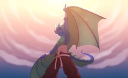  anthro bandage belt biped clothed clothing cloud dragon looking_at_viewer low-angle_view male membrane_(anatomy) membranous_wings mythological_creature mythological_scalie mythology outside scalie solo standing tail topless wings zedzar 