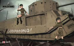  2girls barbed_wire bare_tree beret blue_eyes boots copyright_name english_text green_eyes gun hat highres looking_at_viewer machine_gun military military_uniform military_vehicle motor_vehicle multiple_girls official_art official_wallpaper on_vehicle salute shibafu_(glock23) shorts sitting smile tank tog_ii tree trench uniform wargaming_japan weapon world_of_tanks 