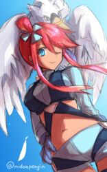  blue_eyes breasts commentary_request crop_top cropped_jacket female hair_ornament large_breasts long_hair midriff mintes navel pokemon pokemon_(creature) pokemon_bw red_hair skyla_(pokemon) smile swanna 