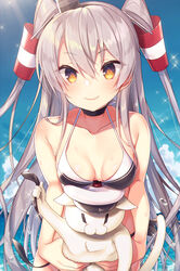  amatsukaze_(kancolle) animal bare_shoulders batsubyou bikini black_bikini blush breasts brown_eyes choker cleavage collarbone commentary_request feline female garrison_cap grey_hair hair_tubes hat highres holding holding_animal holding_cat kantai_collection long_hair looking_at_viewer md5_mismatch military_hat mini_hat resolution_mismatch side-tie_bikini_bottom small_breasts smile solo source_larger swimsuit tahya two_side_up untied_bikini 