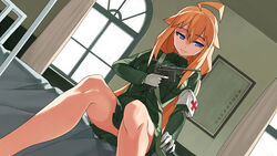  bed blonde_hair blue_eyes gloves gun long_hair military nanaya777 original weapon 