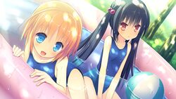  2girls alcot black_hair blonde_hair blue_eyes clover_day&#039;s game_cg nimura_yuushi red_eyes school_swimsuit short_hair swimsuit takakura_anri takakura_anzu twintails water 