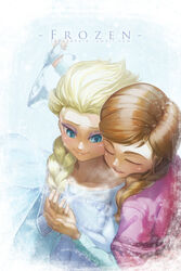  2girls anna_(frozen) black_light blue_eyes brown_hair commentary copyright_name elsa_(frozen) eyeshadow freckles frozen_(disney) heart highres holding_hands makeup multiple_girls platinum_blonde_hair siblings sisters smile watermark web_address 