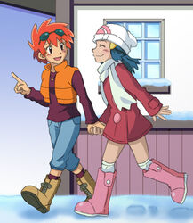  2girls beanie black_eyes blue_hair blush boots closed_eyes coat couple dawn_(pokemon) female footprints friends hair_ornament hand_holding happy hat hikari_(pokemon_platinum) jewelry knee_boots legs long_hair long_sleeves looking_at_another multiple_girls necklace nintendo nozomi_(pokemon) nyarths3 pants pendant pointing pokemon pokemon_(anime) pokemon_(game) pokemon_dppt red_hair scarf short_hair smile snow sunglasses sunglasses_on_head sweater vest walking white_scarf window winter yuri 