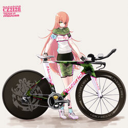  bicycle bike_jersey cz2128_delta english eyepatch female green_eyes long_hair overlord_(maruyama) pink_hair shoes simple_background solo tamagona 