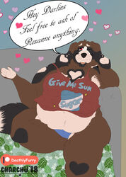  2018 absurd_res anthro ask_blog belly breasts canid canine canis charchu_(artist) deathlyfurry dialogue domestic_dog english_text female heart_symbol hi_res lips mammal molosser mountain_dog overweight patreon patreon_logo patreon_username roxanne_hart saint_bernard solo text 