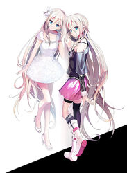  2girls akasaka_aka blue_eyes boots braid breasts different_reflection dress dual_persona hair_between_eyes high_heels ia_(vocaloid) kneehighs long_hair monochrome_background multiple_girls official_art reflection skirt small_breasts socks symmetry thighhighs very_long_hair vocaloid white_dress white_hair 