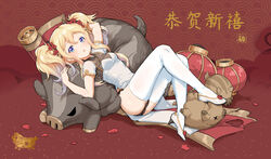  alternate_costume black_panties blonde_hair blue_eyes breasts china_dress chinese_clothes chinese_zodiac commentary_request dress female flower full_body glowworm_(warship_girls_r) hair_between_eyes hair_flower hair_ornament high_heels highres lantern leaning_back legs long_hair panties photoshop_(medium) pig red_flower short_sleeves side-tie_panties side_slit sidelocks sirills small_breasts solo thighhighs thighs twintails underwear warship_girls_r white_footwear white_thighhighs year_of_the_pig 