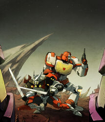  2boys bad_deviantart_id bad_id battle drift_(transformers) gun kaddson mecha multiple_boys ratchet_(transformers) robot sword the_transformers_(idw) transformers weapon 