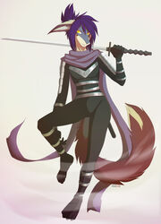  ambiguous_gender anthro biped brown_body brown_fur canid canine clothed clothing front_view fully_clothed fur hi_res holding_melee_weapon holding_object holding_sword holding_weapon looking_at_viewer mammal melee_weapon on_one_leg simple_background solo standing sword weapon white_background yellow_eyes zedzar 