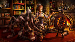  arachne arthropod_girl basket book bookshelf bottle brick_wall brown_hair candle candlestand carpet chalice closed_eyes cup dragon&#039;s_crown dress fantasy female fire fireplace game_cg highres holding indoors monster_girl murakami_akira official_art photoshop_(medium) plate silk solo spider_girl spinning_wheel taur treasure_chest wood 