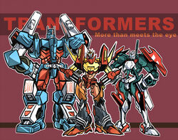  3boys commentary_request drift_(transformers) ichira-san mecha multiple_boys robot rodimus science_fiction simple_background the_transformers_(idw) transformers ultra_magnus 