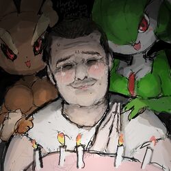  1boy 2girls birthday birthday_cake cake candles gardevoir lopunny nerd pokemon smile 