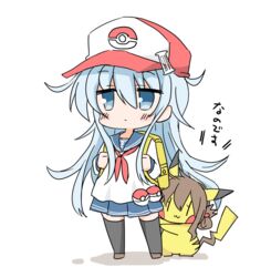  :3 alternate_headwear ash_ketchum_(cosplay) backpack bad_id bad_twitter_id bag baseball_cap black_thighhighs blue_eyes blue_hair blue_skirt brown_hair chibi commentary_request cosplay female folded_ponytail grey_hair hair_between_eyes hair_ornament hairclip hat hibiki_(kancolle) hizuki_yayoi inazuma_(kancolle) inazuma_(kancolle)_(cosplay) kantai_collection long_hair looking_at_viewer messy_hair nanodesu_(phrase) neckerchief pikachu pleated_skirt poke_ball poke_ball_(basic) pokemon pokemon_(anime) pokemon_(creature) satoshi_(pokemon) school_uniform serafuku skirt thighhighs translated waist_poke_ball |_| 