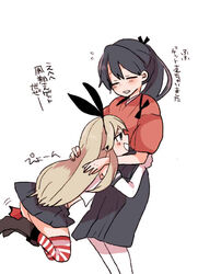  2girls ^_^ ^o^ bad_id bad_twitter_id black_hair black_ribbon blonde_hair closed_eyes commentary_request hair_ribbon hakama hakama_short_skirt hakama_skirt houshou_(kancolle) hug japanese_clothes kantai_collection long_hair motherly multiple_girls ponytail ribbon shimakaze_(kancolle) simple_background skirt striped_clothes striped_thighhighs thighhighs translated white_background yoichi_(umagoya) 