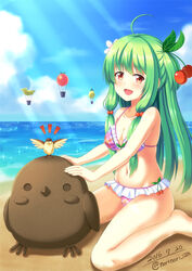  :d aircraft beach bikini bird cherry_hair_ornament commentary_request dated female flower_knight_girl food-themed_hair_ornament frilled_bikini frills green_hair hair_bobbles hair_ornament hot_air_balloon light_green_hair long_hair looking_at_viewer navel norinori_12th ocean open_mouth outdoors plaid plaid_bikini red_eyes sakuranbo_(flower_knight_girl) sand sand_sculpture signature sitting smile solo swimsuit twitter_username two_side_up wariza 