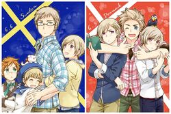  6+boys :&lt; aqua_eyes axis_powers_hetalia bird blonde_hair blue_eyes blush book bow bowtie commentary_request danish_flag denmark_(hetalia) family finland_(hetalia) flag_background glasses group_hug hair_ornament hairclip hana-tamago hat hug iceland_(hetalia) kitou-daidai- ladonia_(hetalia) male_focus multiple_boys norway_(hetalia) one_eye_closed puffin purple_eyes sailor sailor_hat sealand_(hetalia) sweden_(hetalia) swedish_flag 