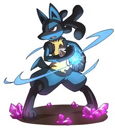  ambiguous_gender anthro aura_sphere biped black_body black_fur blue_body blue_fur canid canine energy_ball fur generation_4_pokemon lucario mammal nintendo pokemon pokemon_(species) pokemon_move red_eyes simple_background solo spikes white_background yellow_body yellow_fur 