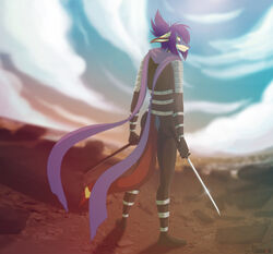  ambiguous_gender anthro armor biped blue_body blue_fur brown_body brown_fur canid canine clothed clothing cloud day fully_clothed fur hair holding_melee_weapon holding_object holding_sword holding_weapon looking_back mammal melee_weapon outside purple_hair rear_view scabbard scarf sky solo standing sword weapon white_body white_fur yellow_eyes zedzar 