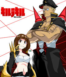  1boy banchou blonde_hair brass_knuckles brown_eyes brown_hair chest_sarashi commentary_request cosplay costume_switch crescent crescent_hat_ornament crossed_arms delinquent female gamagoori_ira gamagoori_ira_(cosplay) hat hat_ornament height_difference highres hip-hop_nyang-i jpeg_artifacts kill_la_kill korean_commentary mankanshoku_mako mankanshoku_mako_(cosplay) midriff mouth_hold navel sarashi short_hair weapon 