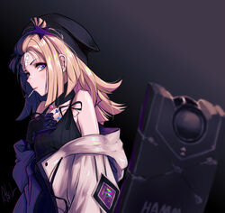  aa-12_(girls&#039;_frontline) ahoge asil baggy_clothes bags_under_eyes bald bandaid bandaid_on_face bandaid_on_nose bare_shoulders belt black_gloves blonde_hair blue_eyes breasts candy chinese_commentary choker coat collarbone commentary_request detached_collar female food frown gauze girls&#039;_frontline gloves hair_ornament hand_up highres holding holding_food injury lollipop long_hair looking_at_viewer machinery medium_breasts mouth_hold off_shoulder open_belt open_clothes open_coat ribbed_sweater rigging shield shield_module sidelocks signature single_strap star_(symbol) star_hair_ornament stomach strap sweatdrop sweater teeth torn_clothes 